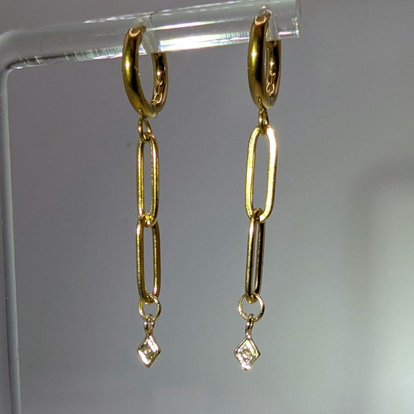 Gold Tone Paperclip Chain Huggie Earrings Gold Ion-Plated Stainless Steel Hoops - Picture 11 of 12
